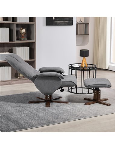 HOMCOM Linen Swivel Recliner Chair with Footstool, Upholstered Reclining Armchair with Wooden Base for Living Room, Grey 839-871