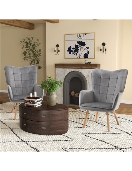 HOMCOM Modern Velvet-Touch Tufted Wingback Armchair, Grey 839-P032 - pic 40666 | FastDaddyshop