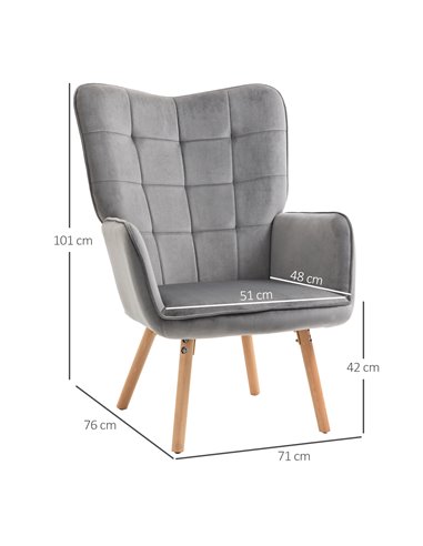 HOMCOM Modern Velvet-Touch Tufted Wingback Armchair, Grey 839-P032