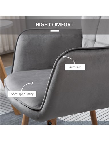 HOMCOM Modern Accent Chair Velvet-Touch Tufted Wingback Armchair Upholstered Leisure Lounge Sofa Club Chair with Wood Legs, Set 