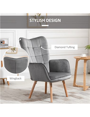 HOMCOM Modern Accent Chair Velvet-Touch Tufted Wingback Armchair Upholstered Leisure Lounge Sofa Club Chair with Wood Legs, Set 