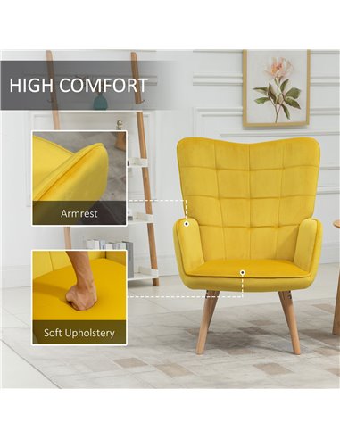 HOMCOM Modern Accent Chair Velvet-Touch Tufted Wingback Armchair Upholstered Leisure Lounge Sofa Club Chair with Wood Legs, Set 