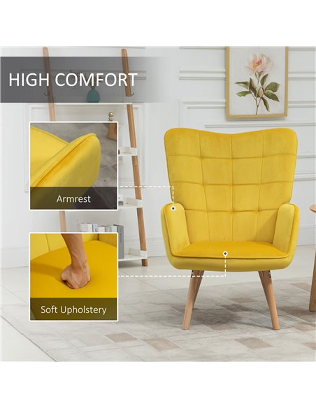 HOMCOM Modern Accent Chair Velvet-Touch Tufted Wingback Armchair Upholstered Leisure Lounge Sofa Club Chair with Wood Legs, Set  - pic 40677 | FastDaddyshop