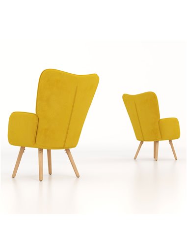 HOMCOM Modern Accent Chair Velvet-Touch Tufted Wingback Armchair Upholstered Leisure Lounge Sofa Club Chair with Wood Legs, Set 