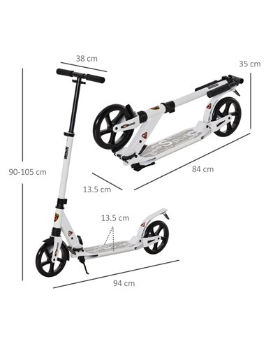 HOMCOM Folding Kick Scooter 2 Big Wheels Teens Adult  14+ Adjustable Ride On White