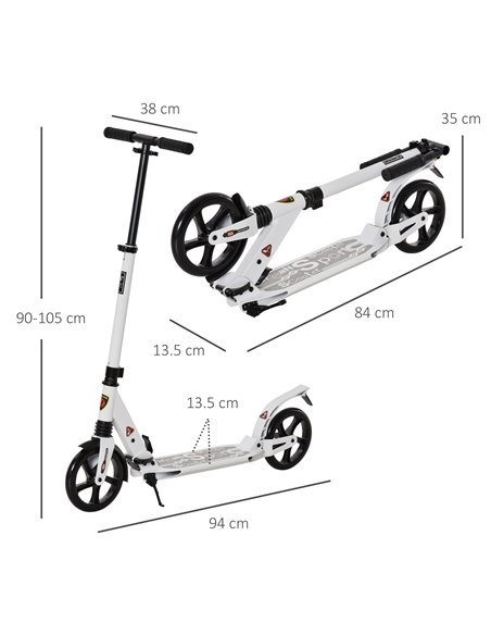 HOMCOM Folding Kick Scooter 2 Big Wheels Teens Adult  14+ Adjustable Ride On White - pic 4070 | FastDaddyshop