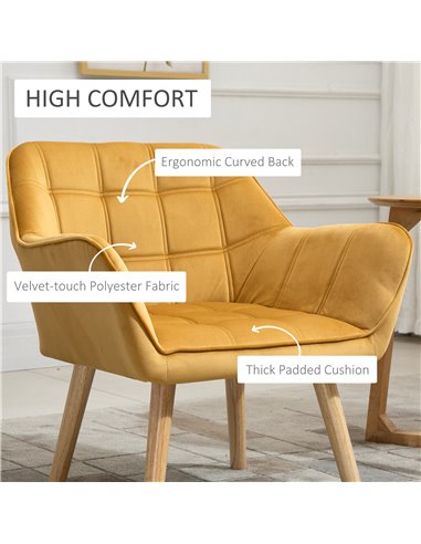 HOMCOM Armchair Accent Chair Wide Arms Slanted Back Padding Iron Frame Wooden Legs Home Bedroom Furniture Seating Set of 2 Yello