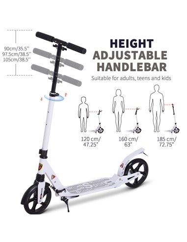 HOMCOM Folding Kick Scooter 2 Big Wheels Teens Adult  14+ Adjustable Ride On White