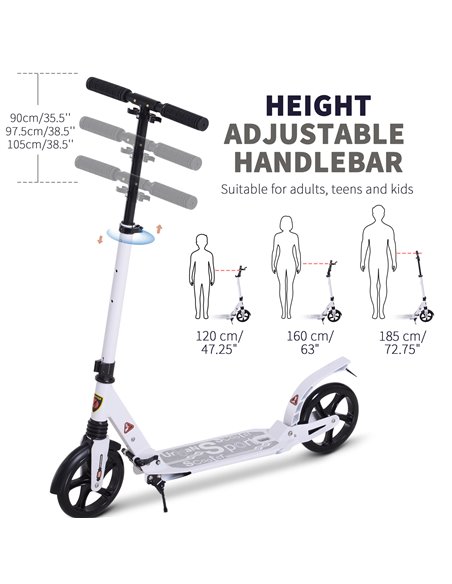 HOMCOM Folding Kick Scooter 2 Big Wheels Teens Adult  14+ Adjustable Ride On White - pic 4071 | FastDaddyshop