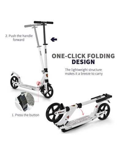 HOMCOM Folding Kick Scooter 2 Big Wheels Teens Adult  14+ Adjustable Ride On White