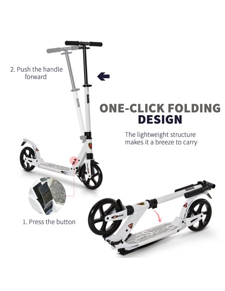 HOMCOM Folding Kick Scooter 2 Big Wheels Teens Adult  14+ Adjustable Ride On White - pic 4073 | FastDaddyshop