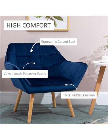 HOMCOM Armchair Accent Chair Wide Arms Slanted Back Padding Iron Frame Wooden Legs Home Bedroom Furniture Seating Set of 2 Blue 