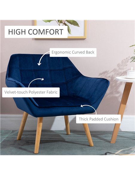 HOMCOM Armchair Accent Chair Wide Arms Slanted Back Padding Iron Frame Wooden Legs Home Bedroom Furniture Seating Set of 2 Blue  - pic 40731 | FastDaddyshop