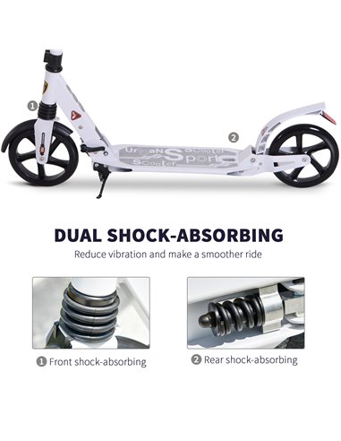 HOMCOM Folding Kick Scooter 2 Big Wheels Teens Adult  14+ Adjustable Ride On White