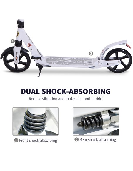 HOMCOM Folding Kick Scooter 2 Big Wheels Teens Adult  14+ Adjustable Ride On White - pic 4074 | FastDaddyshop