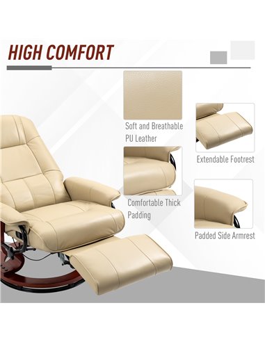 HOMCOM Swivel Recliner, Faux Leather Reclining Chair, Upholstered Armchair with Wooden Base for Living Room, Bedroom, Cream 833-