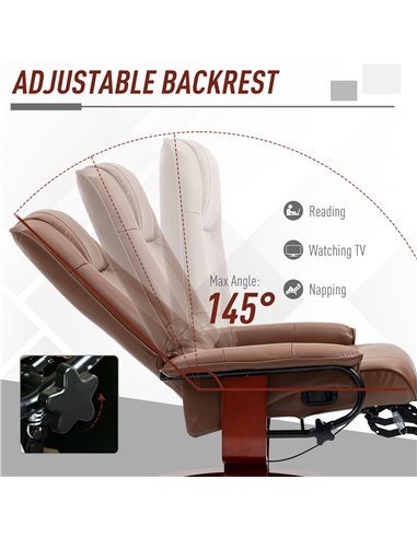 HOMCOM Swivel Recliner, Faux Leather Reclining Chair, Upholstered Armchair with Wooden Base for Living Room, Bedroom, Brown 833-