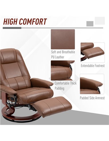 HOMCOM Swivel Recliner, Faux Leather Reclining Chair, Upholstered Armchair with Wooden Base for Living Room, Bedroom, Brown 833-