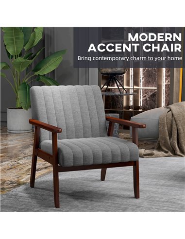 HOMCOM Modern Armchair, Fabric Accent Chair, Upholstered Living Room Chair with Wood Legs Tufting Pattern for Bedroom, Grey 839-