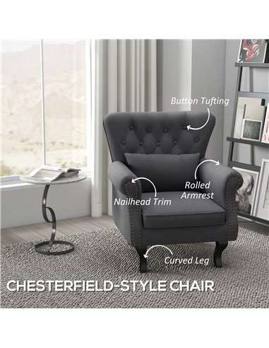 HOMCOM Chesterfield-style Accent Chair, Tufted Wingback Armchair with Pillow, Naihead Trim for Living Room, Bedroom, Dark Grey 8