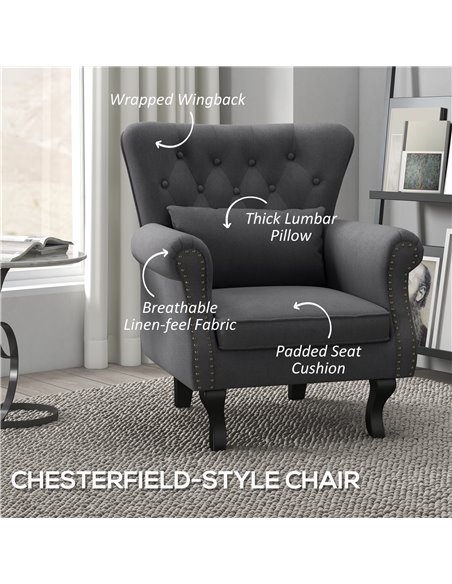 HOMCOM Chesterfield-style Accent Chair, Tufted Wingback Armchair with Pillow, Naihead Trim for Living Room, Bedroom, Dark Grey 8 - pic 40786 | FastDaddyshop