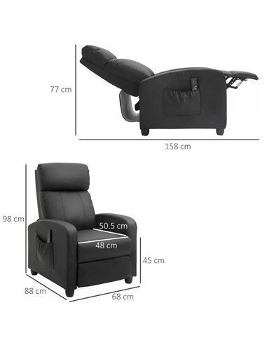 HOMCOM Recliner Sofa Chair PU Leather Massage Armcair, Black 700-143V70BK