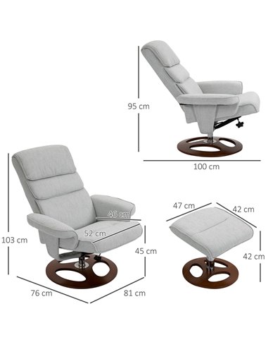 HOMCOM Recliner Chair Ottoman Set 360° Swivel Sofa Stool Modern Soft Thick Padding Wood Base Grey 833-651V72GY