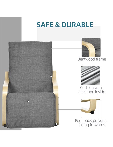 HOMCOM Wooden Lounging Chair Deck Relaxing Recliner Lounge Seat with Adjustable Footrest & Removable Cushion, Dark Grey 833-132V - pic 40832 | FastDaddyshop