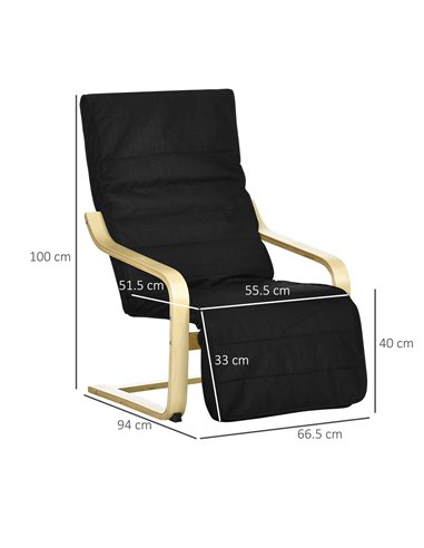 HOMCOM Wooden Lounging Chair Deck Relaxing Recliner Lounge Seat with Adjustable Footrest & Removable Cushion, Black 833-132V70BK
