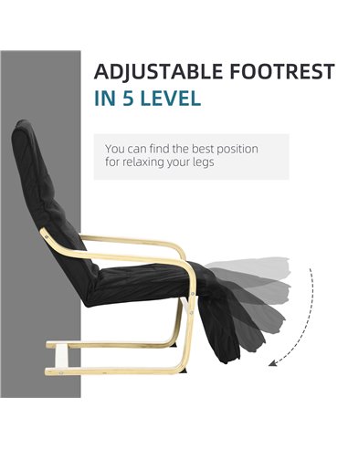 HOMCOM Wooden Lounging Chair Deck Relaxing Recliner Lounge Seat with Adjustable Footrest & Removable Cushion, Black 833-132V70BK