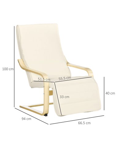 HOMCOM Wooden Lounging Chair Deck Relaxing Recliner, Cream White 833-132V70CW
