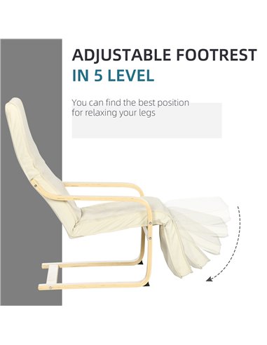 HOMCOM Wooden Lounging Chair Deck Relaxing Recliner Lounge Seat with Adjustable Footrest & Removable Cushion, Cream White 833-13