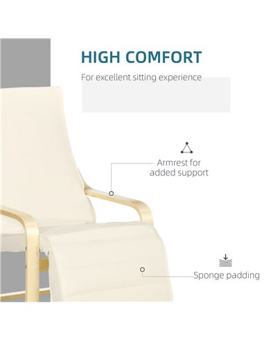 HOMCOM Wooden Lounging Chair Deck Relaxing Recliner Lounge Seat with Adjustable Footrest & Removable Cushion, Cream White 833-13