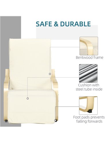 HOMCOM Wooden Lounging Chair Deck Relaxing Recliner Lounge Seat with Adjustable Footrest & Removable Cushion, Cream White 833-13