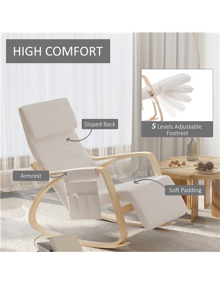 HOMCOM Rocking Lounge Chair Recliner Relaxation Lounging Relaxing Seat with Adjustable Footrest, Side Pocket and Pillow, Cream W - pic 40858 | FastDaddyshop