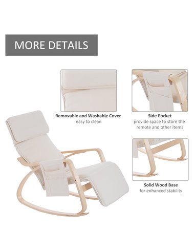 HOMCOM Rocking Lounge Chair Recliner Relaxation Lounging Relaxing Seat with Adjustable Footrest, Side Pocket and Pillow, Cream W