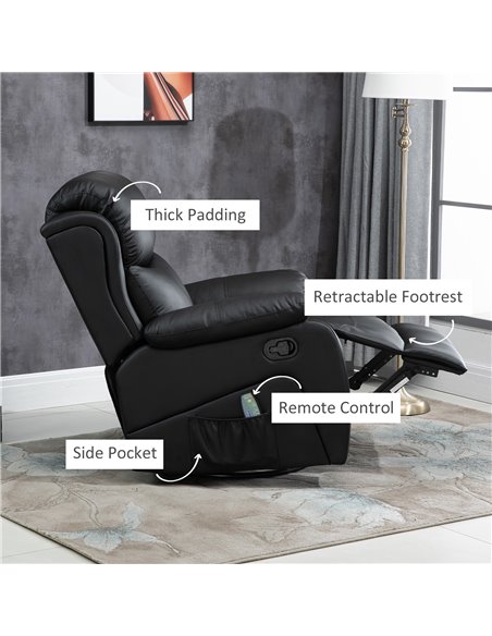 HOMCOM PU Leather Reclining Chair with 8 Massage Points and Heat, Manual Recliner with Swivel Base, Footrest and Remote, Black 7 - pic 40913 | FastDaddyshop