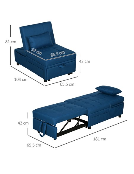 HOMCOM Convertible Chair Bed with Padding Seat, Blue 839-858V70BU - pic 40946 | FastDaddyshop