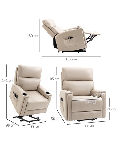 HOMCOM Lift Chair, Electric Riser and Recliner Chair with Vibration Massage, Heat, Cup Holders, Side Pockets, Beige 713-150V70BG