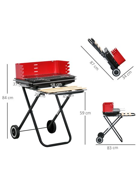 Outsunny BBQ Grill Charcoal Barbecue Grill Garden Foldable BBQ Trolley w/ Windshield, Wheels, Side Trays, Red/Black 01-0559 - pic 40982 | FastDaddyshop