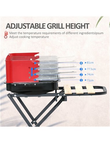 Outsunny BBQ Grill Charcoal Barbecue Grill Garden Foldable BBQ Trolley w/ Windshield, Wheels, Side Trays, Red/Black 01-0559