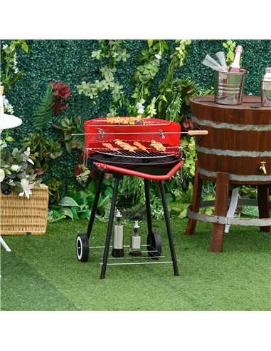 Outsunny Charcoal Barbecue Grill Garden BBQ Trolley w/ Adjustable Grill Pan Height, Wheels and 3 layers, Red 01-0562