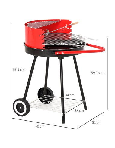 Outsunny Charcoal Barbecue Grill Garden BBQ Trolley w/ Adjustable Grill Pan Height, Wheels and 3 layers, Red 01-0562