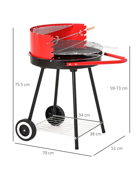 Outsunny Charcoal Barbecue Grill Garden BBQ Trolley w/ Adjustable Grill Pan Height, Wheels and 3 layers, Red 01-0562 - pic 41009 | FastDaddyshop