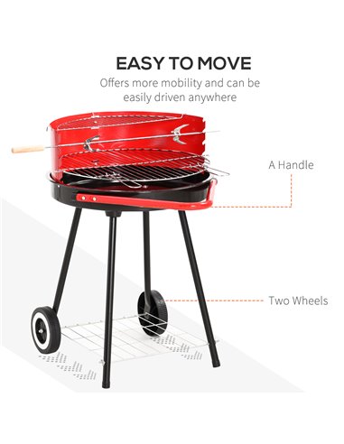 Outsunny Charcoal Barbecue Grill Garden BBQ Trolley w/ Adjustable Grill Pan Height, Wheels and 3 layers, Red 01-0562