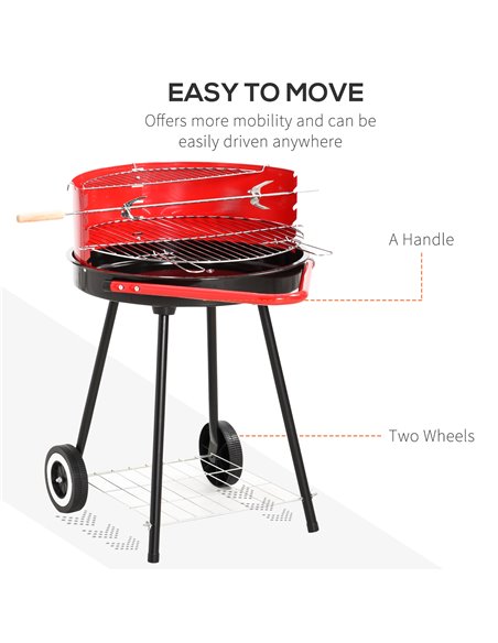 Outsunny Charcoal Barbecue Grill Garden BBQ Trolley w/ Adjustable Grill Pan Height, Wheels and 3 layers, Red 01-0562 - pic 41010 | FastDaddyshop