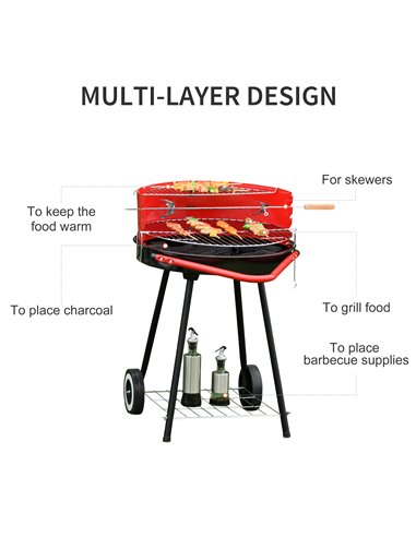 Outsunny Charcoal Barbecue Grill Garden BBQ Trolley w/ Adjustable Grill Pan Height, Wheels and 3 layers, Red 01-0562