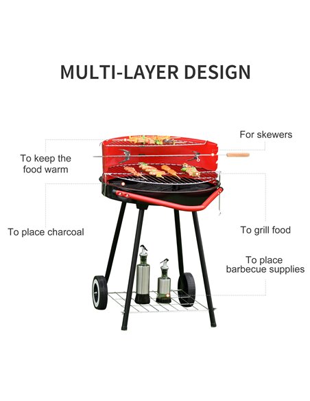 Outsunny Charcoal Barbecue Grill Garden BBQ Trolley w/ Adjustable Grill Pan Height, Wheels and 3 layers, Red 01-0562 - pic 41011 | FastDaddyshop