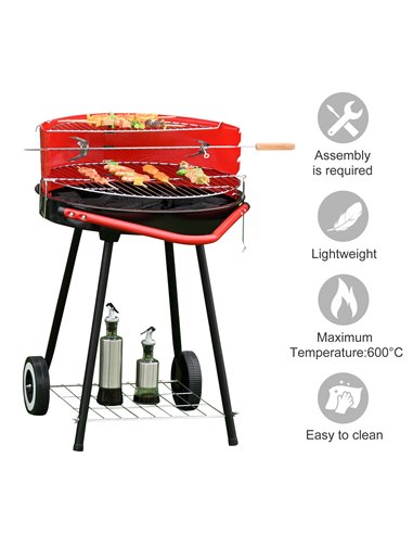 Outsunny Charcoal Barbecue Grill Garden BBQ Trolley w/ Adjustable Grill Pan Height, Wheels and 3 layers, Red 01-0562