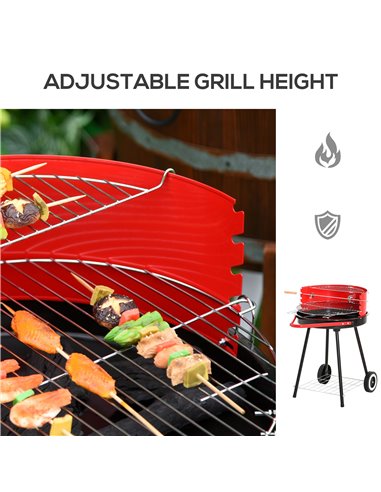 Outsunny Charcoal Barbecue Grill Garden BBQ Trolley w/ Adjustable Grill Pan Height, Wheels and 3 layers, Red 01-0562
